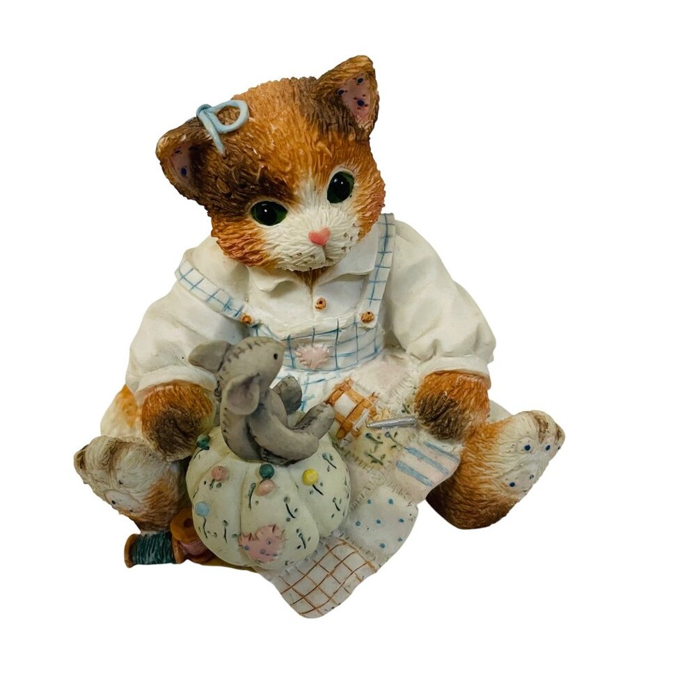 Vintage Charming Cat Kitten  Mouse Figurine Sewing Dress Porcelain Decor 19‎